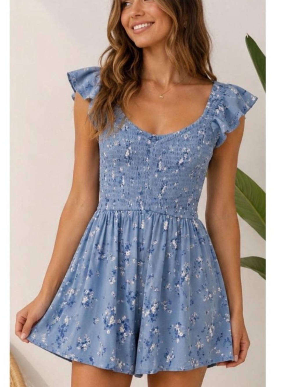 Hollister Light Blue Floral Smocked Ruffle Short Sleeve Romper Shorts Casual M